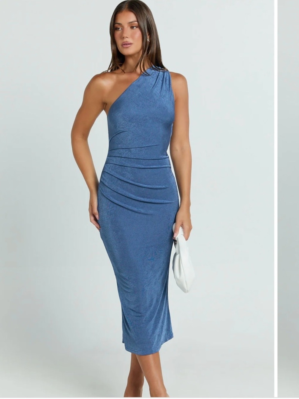 Showpo One-Shoulder Blue Ruched Midi Dress NWT